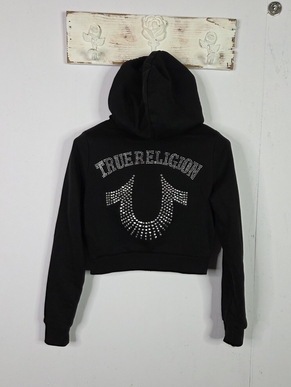 True Religion Women's size M Logo Shrunken crop fleece zip hoodie sweatshirt Blk